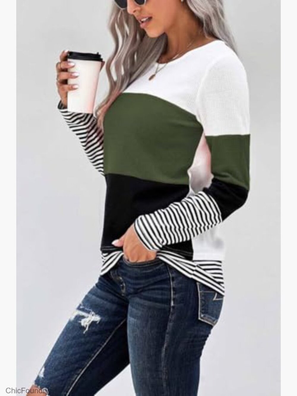 Women's Long Sleeve Tunic Top, Waffle Knit, Loose Fit, Crew Neck - Picture 2 of 7